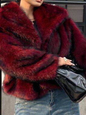 Burgundy Casual Women's Faux Fur Loose Fit Short Coat